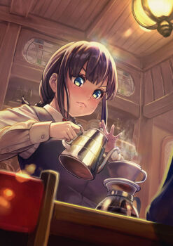 1girl :< blue_eyes blush braid brown_hair ceiling chair coffee_pot cup disposable_cup funnel_(tool) indoors light long_sleeves original pouring red_neckwear sakumichi shelf sidelocks solo_focus steam sweatdrop teacup twin_braids