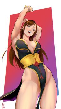 1girl absurdres arms_up black_dress bracelet braid braided_sidelock breasts brown_eyes brown_hair capcom chun-li cleavage commentary cowboy_shot dress highres hip_bones jewelry medium_breasts no_panties open_mouth pelvic_curtain plunging_neckline santiagodraws signature smile solo spiked_bracelet spikes street_fighter street_fighter_v stretching