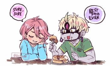 1boy 1girl blonde_hair blue_shirt blush closed_eyes dandadan earrings eating elbow_rest english_text enjoji_jin evil_eye_(dandadan) food food_on_face fork green_shirt holding holding_fork holding_knife jewelry knife long_sleeves looking_at_another omake open_mouth pancake parted_lips pink_hair rusky shiratori_aira_(dandadan) shirt short_hair simple_background smile speech_bubble third_eye twitter_username upper_body white_background