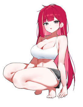 1girl akane_lize armpit_crease bare_arms bare_legs bare_shoulders barefoot black_eyes black_shorts breasts camisole cleavage commentary crop_top dolphin_shorts feet halterneck highres huhi_(huhi_1211) korean_commentary large_breasts long_hair looking_at_viewer micro_shorts midriff mole mole_on_cheek multicolored_hair navel open_mouth red_hair shirt short_shorts shorts simple_background sleeveless sleeveless_shirt solo spaghetti_strap squatting stellive stomach streaked_hair thighs toes very_long_hair virtual_youtuber white_background white_shirt