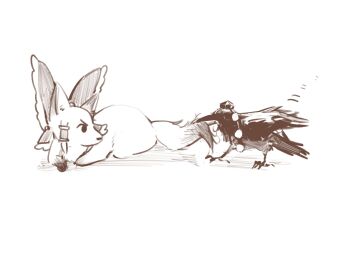 aihara-rina animalization bird bow chinese_commentary commentary_request crow fox frilled_bow frilled_hair_tubes frills hair_bow hair_tubes hakurei_reimu hakurei_reimu_(fox) hat highres monochrome no_humans pom_pom_(clothes) shameimaru_aya shameimaru_aya_(crow) tokin_hat touhou