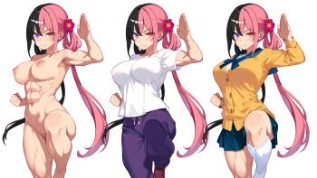 1girl abs absurdres black_hair blue_skirt breasts censored commentary_request completely_nude fang fighting_stance flower hair_flower hair_ornament heterochromia highres large_breasts long_hair looking_at_viewer low_twintails mosaic_censoring multicolored_hair murata_taichi muscular muscular_female navel nipples nude orange_eyes original pants pink_hair purple_eyes purple_pants school_uniform shirt skin_fang skirt smile split-color_hair standing standing_on_one_leg t-shirt twintails two-tone_hair very_long_hair white_background white_shirt yellow_shirt