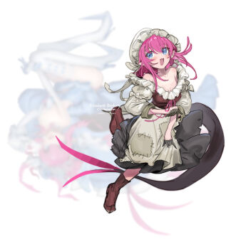 1girl :d absurdres artist_name blue_eyes blush breasts character_name commentary dated elizabeth_bathory_(cinderella)_(fate) elizabeth_bathory_(fate) elizabeth_bathory_(scullery_maid)_(fate) fang fate/grand_order fate_(series) hat highres long_hair long_sleeves mob_cap nemo_(leafnight) official_alternate_costume open_mouth patchwork_clothes pink_hair simple_background skin_fang small_breasts smile solo symbol-only_commentary tail white_background