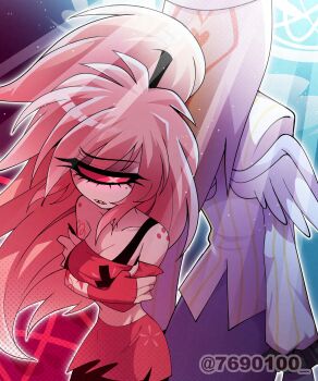 1boy 1girl absurdres angel_wings arms_at_sides back-to-back backlighting bare_shoulders black_nails black_pants blue_background body_freckles bra_strap breasts cherri_bomb cleavage collarbone colored_sclera colored_skin commentary_request cowboy_shot crossed_arms cyclops fingerless_gloves freckles from_above frown furrowed_brow gloves half-closed_eye halftone halftone_background hazbin_hotel hellaverse high_ponytail highres jacket light_particles long_hair looking_at_viewer medium_breasts menattou midriff miniskirt multicolored_jacket nail_polish off-shoulder_shirt off_shoulder one-eyed open_mouth outline pants pink_eyes pink_hair ponytail purple_background red_gloves red_sclera red_shirt red_skirt sharp_teeth shirt short_sleeves shoulder_freckles simple_background sir_pentious sir_pentious_(angel) skirt standing striped_clothes striped_jacket teeth torn_clothes torn_skirt twitter_username two-tone_jacket upper_teeth_only vertical-striped_clothes vertical-striped_jacket very_long_hair white_jacket white_outline white_skin white_wings wings yellow_jacket