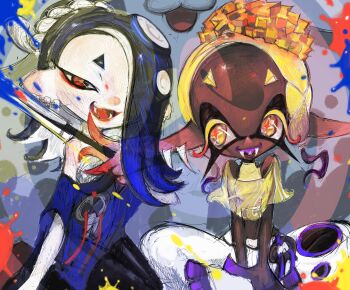 Rule 34 | 2girls, absurdres, bandaged chest, black pantyhose, blonde hair, blue hair, blue shirt, colored extremities, dark-skinned female, dark skin, eyerealm, feet, forehead, frye (splatoon), gradient hair, hair over one eye, highres, indian style, inkling, kneeling, long pointy ears, looking at another, looking at viewer, multicolored hair, multiple girls, nintendo, octoling, off shoulder, pantyhose, pointy ears, red eyes, shirt, shiver (splatoon), short eyebrows, sitting, splatoon (series), splatoon 3, star-shaped pupils, star (symbol), symbol-shaped pupils, tentacle hair, yellow eyes