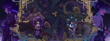 1boy 1girl abs absurdres architecture arm_at_side armor beard belt black_belt black_bodysuit black_bow black_hair black_leggings black_nails black_pants black_rope black_sandals black_shorts black_shrug black_thighhighs blonde_hair blue_cape blue_halo blue_kimono blue_sleeves blunt_bangs blunt_ends bodysuit bow bracer braid breasts bridal_gauntlets brothers brown_sandals building cape chinese_knot cleavage clenched_teeth closed_eyes closed_mouth colored_skin curled_fingers duplicate east_asian_architecture electric_eyes electro_symbol_(genshin_impact) facial_hair facing_viewer fangs feathers fingernails floating flower furisode fuujin_(mythology) genshin_impact glowing_markings glowing_pupils gold_trim green_eyes green_skin hagoromo hair_flower hair_ornament hair_tie half_lotus_position halo halo_behind_head hands_on_own_thighs high_ponytail highres holding holding_polearm holding_weapon horns japanese_armor japanese_clothes japanese_mythology juban kimono kote kuri_kuriku kurokote large_breasts layered_sleeves leg_warmers leggings levitation lipgloss long_eyelashes long_hair looking_at_viewer low-braided_long_hair low-tied_long_hair magic_circle mitsudomoe_(shape) mixed-language_commentary mother_and_son mudra muscular obi obiage obijime okobo open_clothes open_kimono outstretched_arms pants parted_bangs pectorals platform_sandals pointing pointing_down polearm pom_pom_(clothes) ponytail purple_bridal_gauntlets purple_flower purple_hair purple_halo purple_kimono purple_rope purple_sash purple_skin purple_sleeves raiden_shogun raijin_(mythology) red_eyes red_horns red_skin rope sandals sash scaramouche_(genshin_impact) shakujou sharp_fingernails shawl shimenawa shinto short_sleeves shorts shoulder_peek shrug_(clothing) siblings sidelocks single_sode smoke spread_arms staff swept_bangs tassel tassel_hair_ornament teeth thighhighs tomoe_(symbol) topless_male torn_clothes veins wanderer_(genshin_impact) weapon white_kimono white_leg_warmers white_pants white_rope white_sleeves wind yellow_feathers yellow_shawl zouri