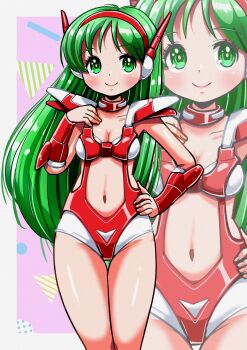 1girl absurdres armor blush bracer breasts center_opening cleavage commentary_request green_eyes green_hair hand_on_own_chest hand_on_own_hip headgear highres hiro68 leotard long_hair multicolored_leotard navel original red_leotard shoulder_armor smile solo stomach thigh_gap thighs two-tone_leotard white_leotard zoom_layer