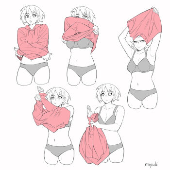 1girl arm_up armpits arms_up artist_name bra breasts closed_mouth clothes_lift commentary cropped_legs english_commentary hood hoodie long_sleeves medium_breasts miyuli multiple_views navel original panties parted_bangs partially_colored progression red_hoodie sequential short_hair simple_background underwear undressing white_background