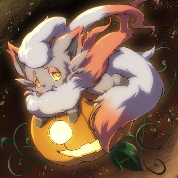 animal_focus bright_pupils brown_background commentary_request full_body highres hisuian_zorua jack-o'-lantern kakiikada looking_at_viewer nintendo no_humans plant pokemon pokemon_(creature) solo vines white_pupils yellow_eyes