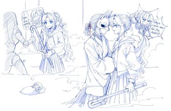 Rule 34 | 2girls, :3, anyoji hime, blue eyes, blue theme, chibi, chinese commentary, closed eyes, closed mouth, commentary request, dreaming, dress, english text, eye mask, fox mask, green eyes, hair intakes, hair ribbon, hasu no sora school uniform, highres, holding, holding lead pipe, hood, hood down, hooded jacket, jacket, japanese clothes, kimono, lead pipe, link! like! love live!, long hair, long sleeves, love live!, mask, medium dress, medium hair, momose ginko, monochrome, multi-tied hair, multiple girls, multiple views, neckerchief, open clothes, open jacket, open mouth, pleated dress, ponytail, profile, ribbon, sailor collar, sailor dress, school uniform, speech bubble, spot color, sweat, thought bubble, u u, virtual youtuber, winter uniform, yrxy settingsun