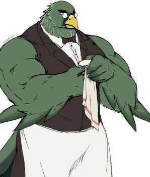 Rule 34 | 1boy, animal crossing, apron, artist name, bird, black bow, black bowtie, black suit, bow, bowtie, brewster (animal crossing), formal clothes, furry, furry male, glasses, hammyart, highres, holding, holding towel, muscular, muscular male, nintendo, shirt, simple background, sleeveless, sleeveless shirt, standing, suit, towel, waist apron, white background