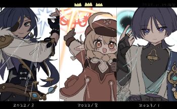 1girl 2boys ahoge arm_up armor artist_progress backpack bag belt black_belt black_bodysuit black_border black_bow black_gloves black_hair black_pants black_vest blonde_hair blue_cape blue_gemstone blue_kimono blunt_ends blush bodysuit border bow bridal_gauntlets brown_bag brown_belt brown_gloves cape clenched_hand closed_mouth commentary_request cross-shaped_pupils crown dark-skinned_male dark_skin dated diffraction_spikes dress eyelashes eyepatch feathers fingernails fur_collar fur_scarf gem genshin_impact gloves gold gold_crown gold_ring grey_bridal_gauntlets grey_eyes hair_between_eyes hand_up hat incoming_attack japanese_armor japanese_clothes juban kaeya_(genshin_impact) kimono klee_(genshin_impact) kote kurokote long_hair long_sleeves looking_at_viewer low_ponytail mandarin_collar middle_ring multiple_boys newsboy_cap open_clothes open_hand open_kimono open_mouth orb pants partially_fingerless_gloves pom_pom_(clothes) ponytail purple_eyes purple_pupils purple_rope purple_sash red_dress red_hat rope sash scaramouche_(genshin_impact) scarf smile star_(sky) star_ornament symbol-shaped_pupils tareme tsurime umigasa upper_body vest vision_(genshin_impact) vortex wanderer_(genshin_impact) white_background white_kimono white_scarf white_sleeves wispy_bangs yellow_eyes yellow_feathers