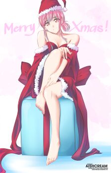 1girl absurdres aishcream24 ao_no_hako bare_shoulders barefoot box breasts chouno_hina christmas_present cleavage feet fur_trim gift hand_on_own_knee hand_on_own_leg hat highres looking_at_viewer medium_breasts medium_hair merry_christmas on_box pink_hair red_eyes ribbon santa_hat simple_background sitting sitting_on_box smile solo thighs