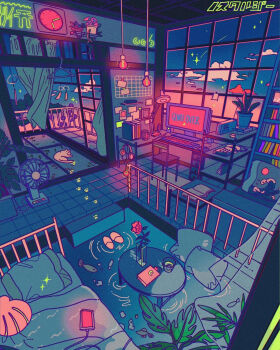 balcony bookshelf cat clock clothes_hanger computer computer_keyboard electric_fan flower_pot footprints headphones highres indoors monitor oo6 original water