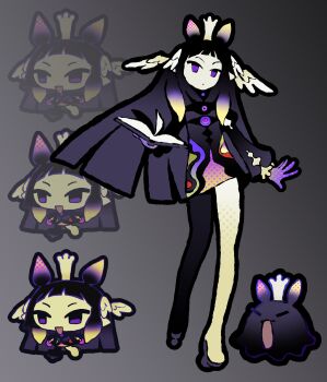 1girl absurdres black_dress black_hair book commentary concept_art crown dress eelsoup english_commentary full_body gloves gradient_hair grey_background highres holding holding_book hololive hololive_english juliet_sleeves long_sleeves multicolored_hair multiple_views ninomae_ina'nis open_mouth puffy_sleeves purple_eyes purple_gloves smile tako_takover_(ninomae_ina'nis) takodachi_(ninomae_ina'nis) tentacle_hair umbrella_octopus virtual_youtuber