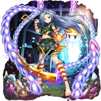 1girl arm_ribbon barefoot blue_eyes bow breasts cave closed_mouth collared_shirt crystal danmaku full_body game_cg gold green_shirt green_skirt grey_hair happy highres himemushi_momoyo holding holding_pickaxe holding_shovel jewelry long_hair looking_at_viewer messy_hair midriff multiple_rings navel necklace official_art orange_bow orange_ribbon patterned_clothing pickaxe ribbon ring rotte_(1109) shirt short_sleeves shovel skirt skirt_set small_breasts smile solo third-party_source toes touhou touhou_lostword transparent_background very_long_hair
