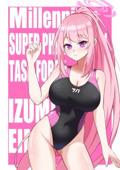 Rule 34 | 1girl, absurdres, black one-piece swimsuit, blue archive, blush, border, breasts, character name, cleavage, commentary request, covered navel, cowboy shot, eimi (blue archive), gluteal fold, halo, hand up, highres, large breasts, long hair, looking at viewer, minaduki0707, one-piece swimsuit, parted lips, pink background, pink hair, pink halo, ponytail, purple eyes, solo, swimsuit, thighs, very long hair, white border