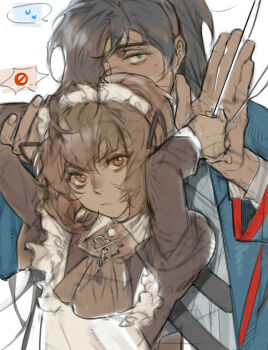 1boy 1girl apron arms_up ascot aseah_(project_moon) black_hair blue_coat brown_ascot brown_dress brown_hair closed_mouth coat commentary_request dark-skinned_female dark-skinned_male dark_skin dress edul33bbang green_eyes highres juliet_sleeves korean_commentary limbus_company long_sleeves looking_at_viewer nelly_(project_moon) ponytail project_moon puffy_sleeves simple_background sweat upper_body white_apron white_background