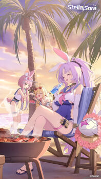 3girls :d ^_^ ahoge animal_ear_fluff animal_ears beach bikini blonde_hair blue_bikini blue_hair blue_one-piece_swimsuit blue_sailor_collar bottle breasts chair closed_eyes commentary crossed_legs drink english_commentary eyewear_on_head feeding flip-flops food fruit gradient_hair grill heart heart-shaped_eyewear highres holding holding_bottle holding_drink karin_(stella_sora) large_breasts long_hair lounge_chair meat multicolored_hair multiple_girls noya_(lingering_sunlight)_(stella_sora) noya_(stella_sora) official_alternate_costume official_art on_chair one-piece_swimsuit open_mouth outdoors palm_tree pink_hair purple_hair rabbit_ears rabbit_girl ramune sailor_collar sailor_shirt sandals shia_(stella_sora) shirt short_hair_with_long_locks single_ear_down sitting sleeveless sleeveless_shirt smile stella_sora striped_bikini striped_clothes sunglasses swimsuit tree vertical-striped_bikini vertical-striped_clothes very_long_hair watermelon watermelon_slice white_shirt