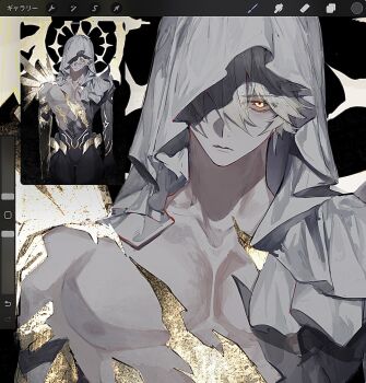 1boy arms_at_sides art_program_in_frame black_background broad_shoulders bulge closed_mouth commentary_request cracked_skin cropped glitter glowing glowing_eye hair_between_eyes halo halo_behind_head highres honkai:_star_rail honkai_(series) large_pectorals looking_at_viewer male_focus nipples one_eye_in_shadow partially_shaded_face pectoral_cleavage pectorals phainon_(honkai:_star_rail) phainon_(khaslana)_(honkai:_star_rail) procreate_(medium) procreate_(software) serious simple_background solo standing straight-on sunset_1830 toned toned_male upturned_eyes veil white_hair white_veil yellow_eyes yellow_halo