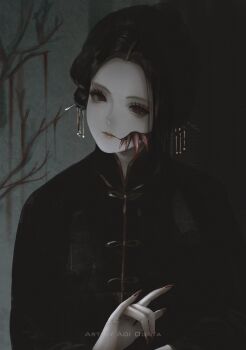 1girl aoi_ogata artist_name bare_tree black_hair black_jacket brown_eyes chinese_clothes clip_studio_paint_(medium) closed_mouth commentary english_commentary hand_up head_tilt highres horror_(theme) jacket looking_at_viewer nail_polish original red_nails solo tree upper_body