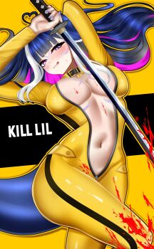 Rule 34 | 1girl, ahoge, animal ears, artist name, black hair, blood, blood on breasts, blood on clothes, blood on face, blood splatter, blunt bangs, body markings, bodysuit, breasts, bruce lee's jumpsuit, cat ears, cetacean tail, cleavage, cleavage cutout, clothing cutout, colored inner hair, covered navel, facial mark, fins, fish tail, full-length zipper, grey nails, heart, heart-shaped pupils, heart ahoge, highres, holding, holding sword, holding weapon, indie virtual youtuber, jumpsuit, katana, kill bill, large breasts, licking blood, licking lips, long hair, long sleeves, looking at viewer, multicolored hair, n4hkz, no bra, open mouth, orca girl, partially unzipped, purple eyes, purple hair, shylily, shylily (4th costume), smile, solo, streaked hair, sword, symbol-shaped pupils, tail, tongue, tongue out, very long hair, virtual youtuber, weapon, white hair, yellow jumpsuit, zipper