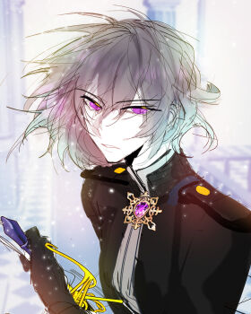 Rule 34 | 1girl, absurdres, black gloves, black shirt, bob cut, brooch, commentary request, frills, gloves, grey hair, han sooyoung, hayu beck, highres, holding, holding sword, holding weapon, jewelry, korean commentary, lance, light particles, official alternate costume, omniscient reader's viewpoint, parted lips, polearm, purple eyes, serious, sheath, shirt, short hair, shoulder pads, sword, unsheathing, upper body, weapon, yuri di aristel