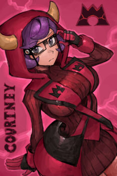 1girl bespectacled breasts character_name closed_mouth commentary courtney_(pokemon) english_commentary eyelashes fake_horns glasses gloves hand_up highres hood hood_up horns large_breasts looking_at_viewer mega_stone nintendo pokemon pokemon_oras purple_eyes purple_hair red_sweater ribbed_sweater saiykik short_hair solo sweater team_magma team_magma_uniform turtleneck turtleneck_sweater