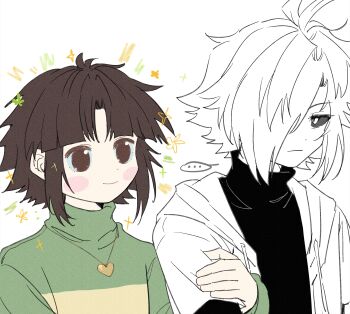 ... 1boy 1other absurdres alternate_universe androgynous antenna_hair arm_hug black_sclera black_sweater blunt_bangs blush_stickers brown_eyes brown_hair chara_(undertale) chinese_commentary closed_mouth colored_sclera commentary_request drawstring dual_persona flipped_hair flower frown gold_necklace green_sweater hair_over_one_eye hanbaobaobaozhu heart heart_necklace highres hood hood_down hooded_jacket jacket jewelry layered_sleeves long_sleeves looking_at_another looking_back necklace no_pupils one_eye_covered open_clothes open_jacket short-sleeved_jacket short_hair short_over_long_sleeves short_sleeves sidelocks simple_background smile sparkle spoken_ellipsis striped_clothes striped_sweater sweater tareme tsurime turtleneck turtleneck_sweater two-tone_sweater undertale upper_body utdr_(toby_fox) v-shaped_eyebrows white_background white_eyes white_hair white_jacket xtale yellow_flower yellow_sweater