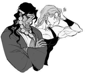2boys arm_up biceps clamchowder55 closed_eyes closed_mouth commentary_request cropped_torso crossed_arms dark-skinned_male dark_skin earrings hair_down hand_on_own_head headband highres jean_pierre_polnareff jewelry jojo_no_kimyou_na_bouken long_hair long_sleeves male_focus mohammed_avdol multiple_boys necklace pectoral_cleavage pectorals piercing robe simple_background single_strap squiggle stardust_crusaders wavy_hair white_background wide_sleeves