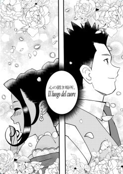 1boy 1girl bare_shoulders black_hair blush breasts closed_eyes dress flower from_side hand_over_mouth happy height_difference highres italian_text japanese_text laughing long_hair medium_breasts monochrome necktie oogami_ichirou pointy_hair ponytail profile rose sakura_taisen sega sideboob smile soletta_orihime tan tears teeth tongue translation_request