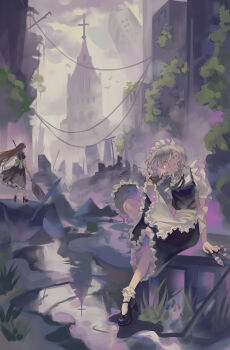 2girls absurdres apron back_bow between_fingers black_shoes black_skirt black_vest bow braid broken broom cathedral church city collapsed commentary english_commentary foliage frilled_apron frills grass green_bow grey_hair hair_bow high_heels highres holding holding_broom holding_knife holding_pocket_watch huameiyu izayoi_sakuya knee_up knife knives_between_fingers long_hair looking_down maid maid_apron maid_headdress multiple_girls pocket_watch power_lines puddle puffy_short_sleeves puffy_sleeves purple_eyes red_hair ripples rubble ruins seihou shirt shoes short_sleeves simple_bird sitting skirt socks touhou twin_braids utility_pole vest vivit watch white_bow white_shirt white_socks