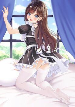 1girl blue_eyes blush brown_hair feet garter_straps highres long_hair looking_at_viewer looking_back open_mouth panties pantyshot see-through_clothes see-through_legwear soles thighhighs toes underwear white_thighhighs youlancangkong