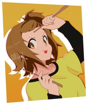 1girl absurdres artist_name artnpepsi ben-day_dots black_sleeves breasts brown_eyes brown_hair dated drop_shadow drumsticks highres holding holding_drumsticks k-on! one_side_up orange_background screentones shirt short_hair tainaka_ritsu tongue tongue_out two-tone_background white_background yellow_shirt