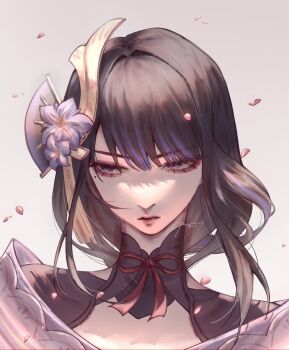 1girl black_hair blunt_bangs closed_mouth falling_petals floating_hair flower genshin_impact goffu_25 hair_ornament highres japanese_clothes kimono lipgloss long_hair looking_to_the_side low-tied_long_hair mole mole_under_eye multicolored_hair neck_ribbon off_shoulder petals pink_petals portrait purple_eyes purple_flower purple_kimono purple_streaks raiden_shogun red_ribbon ribbon sidelocks simple_background solo streaked_hair white_background
