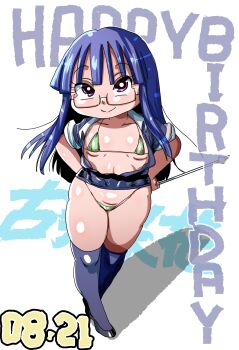 1girl bad_tag bikini black_footwear black_thighhighs blue_hair blunt_bangs breasts closed_mouth full_body furude_rika glasses green_bikini hands_on_own_hips high_heels kiliu loli long_hair looking_at_viewer micro_bikini open_clothes open_shirt purple_eyes shirt short_sleeves skirt small_breasts smile solo standing swimsuit thighhighs thighs