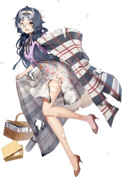 1girl akasaka_yuzu black_hair blanket braid brown_eyes brown_shoes burnt_clothes floral_print full_body glasses hairband heian_maru_(kancolle) heian_maru_(spring)_(kancolle) high_heels kantai_collection leaning_forward low_twintails neck_ribbon official_alternate_costume official_art one_eye_closed picnic_basket pink_hairband pumps purple_shirt ribbon shirt shoes skirt solo thermos thighhighs torn_clothes torn_thighhighs transparent_background twin_braids twintails white_skirt