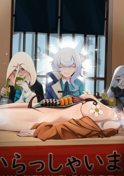 4girls alcohol bamboo_cup banknote convenient_censoring cup food glasses hair_bun highres holding holding_cup holding_money japanese_clothes leaf light_rays money multiple_girls nyotaimori original praying pupi_(rain_prophet) rapier-chan_(centurii-chan) single_hair_bun smile steam steaming_body sushi