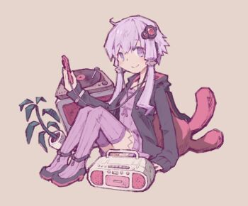 1girl black_hoodie black_shoes dress earphones flower_pot full_body hair_ornament holding hood hood_down hoodie looking_at_viewer mp3_player phonograph plant purple_dress purple_eyes purple_hair purple_thighhighs shoes sitting smile solo stuffed_toy tape_recorder thighhighs twintails ueda_(laaw) vinyl_record voiceroid yuzuki_yukari