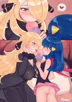 2girls absurdres age_difference ass bad_id bad_pixiv_id blonde_hair blue_hair blush breasts covered_erect_nipples cynthia_(pokemon) dawn_(pokemon) eye_contact food heart height_difference highres ice_cream ice_cream_cone large_breasts licking loli looking_at_another multiple_girls nintendo norza onee-loli panties phallic_symbol pink_skirt pokemon pokemon_dppt scarf sexually_suggestive shared_food skirt small_breasts spoken_heart underwear white_panties yuri