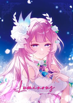 1girl adapted_costume anosen bare_shoulders breasts closed_mouth comiket_107 commentary_request cover cover_page cyrene_(demiurge)_(honkai:_star_rail) cyrene_(honkai:_star_rail) diamond-shaped_pupils diamond_(shape) english_text fingernails flower hair_flower hair_ornament hand_up highres honkai:_star_rail honkai_(series) long_fingernails long_hair looking_at_viewer medium_breasts nail_polish pink_hair pink_nails purple_eyes rose smile solo symbol-shaped_pupils title upper_body veil white_flower white_rose white_veil