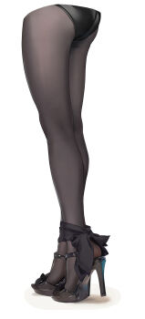 1girl absurdres ankle_ribbon ass black_bow black_leotard black_pantyhose black_ribbon black_sandals bow commentary cropped_legs far_side feet foot_focus footwear_bow from_behind from_side high_heels highres kneepits leg_ribbon legs legs_together leotard lower_body original pantyhose ribbon sandals shadow shiny_footwear simple_background solo standing stiletto_heels strappy_heels thighs toe_seam toes white_background