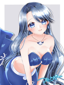 Rule 34 | 1girl, absurdres, armlet, bare shoulders, bikini, blue bikini, blue eyes, blue hair, blush, breasts, cleavage, collarbone, commentary request, earrings, hair between eyes, happy birthday, highres, jewelry, long hair, looking at viewer, medium breasts, mermaid, mermaid melody pichi pichi pitch, monster girl, navel, necklace, noel (mermaid melody pichi pichi pitch), open mouth, shell, shell bikini, shell necklace, smile, solo, stomach, swimsuit, tsukishiro yayoi (yumeir0), upper body, very long hair