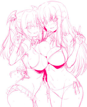 2girls bat_hair_ornament bikini blush breast_press breasts frilled_bikini frills from_side grin hair_ornament highres large_breasts long_hair looking_at_viewer looking_to_the_side monochrome multiple_girls nakahira_guy navel red_theme side-tie_bikini_bottom sideboob simple_background sketch smile stella_flavia sweat swimsuit tokyo_succubus twintails v white_background yuna_(nakahira_guy)
