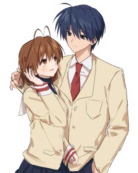 Rule 34 | 1boy, 1girl, absurdres, antenna hair, blazer, blue eyes, blue hair, brown eyes, brown hair, brown jacket, clannad, couple, furukawa nagisa, highres, hikarizaka private high school uniform, jacket, korean commentary, necktie, okazaki tomoya, red necktie, saang2cm, school uniform, short hair, simple background, white background