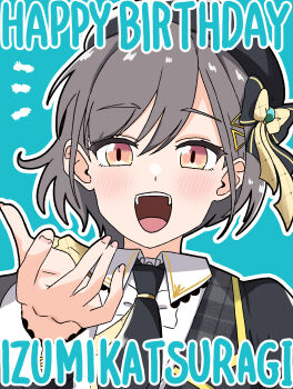 Rule 34 | 1girl, absurdres, black bow, black hair, black jacket, black necktie, blue background, blush, bow, character name, collared shirt, commentary, hair bow, hair ornament, happy birthday, highres, jacket, jellyfish cut, kanzaki gou, katsuragi izumi, link! like! love live!, long sleeves, looking at viewer, love live!, necktie, notice lines, offering hand, open clothes, open jacket, orange eyes, outline, shirt, simple background, slit pupils, solo, symbol-only commentary, theater ikizama, triangle hair ornament, virtual youtuber, white outline, white shirt, yellow bow, yellow necktie