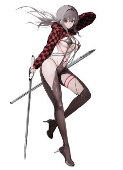 1girl absurdres body_chain bodysuit checkered_clothes checkered_shrug clothing_cutout goddess_of_victory:_nikke gunu_(nyzn3223) hair_intakes highres latex latex_bodysuit red_shrug scarlet_(nikke) scarlet_(racer&#039;s_high)_(nikke) shift_up shrug_(clothing) sideless_outfit solo stellar_blade thigh_cutout