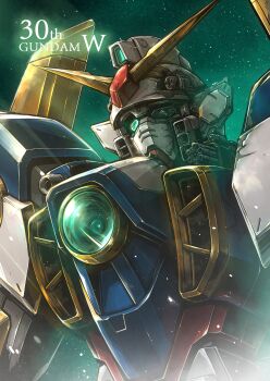 absurdres anniversary commentary_request copyright_name damaged green_eyes gundam gundam_wing highres light_particles mecha mecha_focus mobile_suit no_humans robot science_fiction solo takamaru_(taka1220) upper_body v-fin wing_gundam