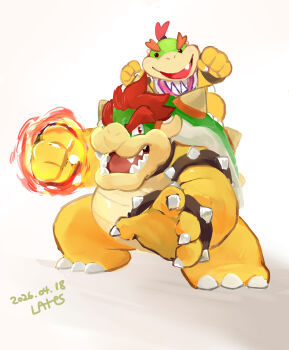 Rule 34 | 2boys, armlet, artist name, bib, bowser, bowser jr., bracelet, claws, collar, commentary, dated, fangs, flaming hand, furry, furry male, highres, horns, incoming attack, incoming punch, jewelry, lates312, looking at viewer, male focus, mario (series), multiple boys, nintendo, on shoulder, open mouth, punching, red hair, signature, single tooth, smile, spiked armlet, spiked bracelet, spiked collar, spiked shell, spikes, white background