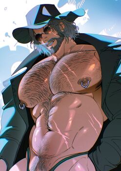 1boy bara bare_pectorals beard chest_hair coat commentary facial_hair full_beard hat highres huge_pectorals karl_heisenberg male_focus minus_mius muscular muscular_male navel nipple_piercing nipples open_clothes open_coat pectorals piercing resident_evil resident_evil_village round_eyewear solo